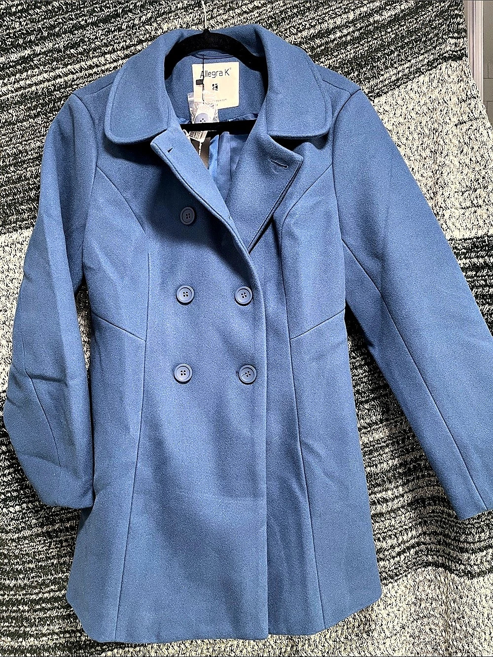 Allegra K Women's Double Breasted Notched Lapel Pea Coat Blue Medium